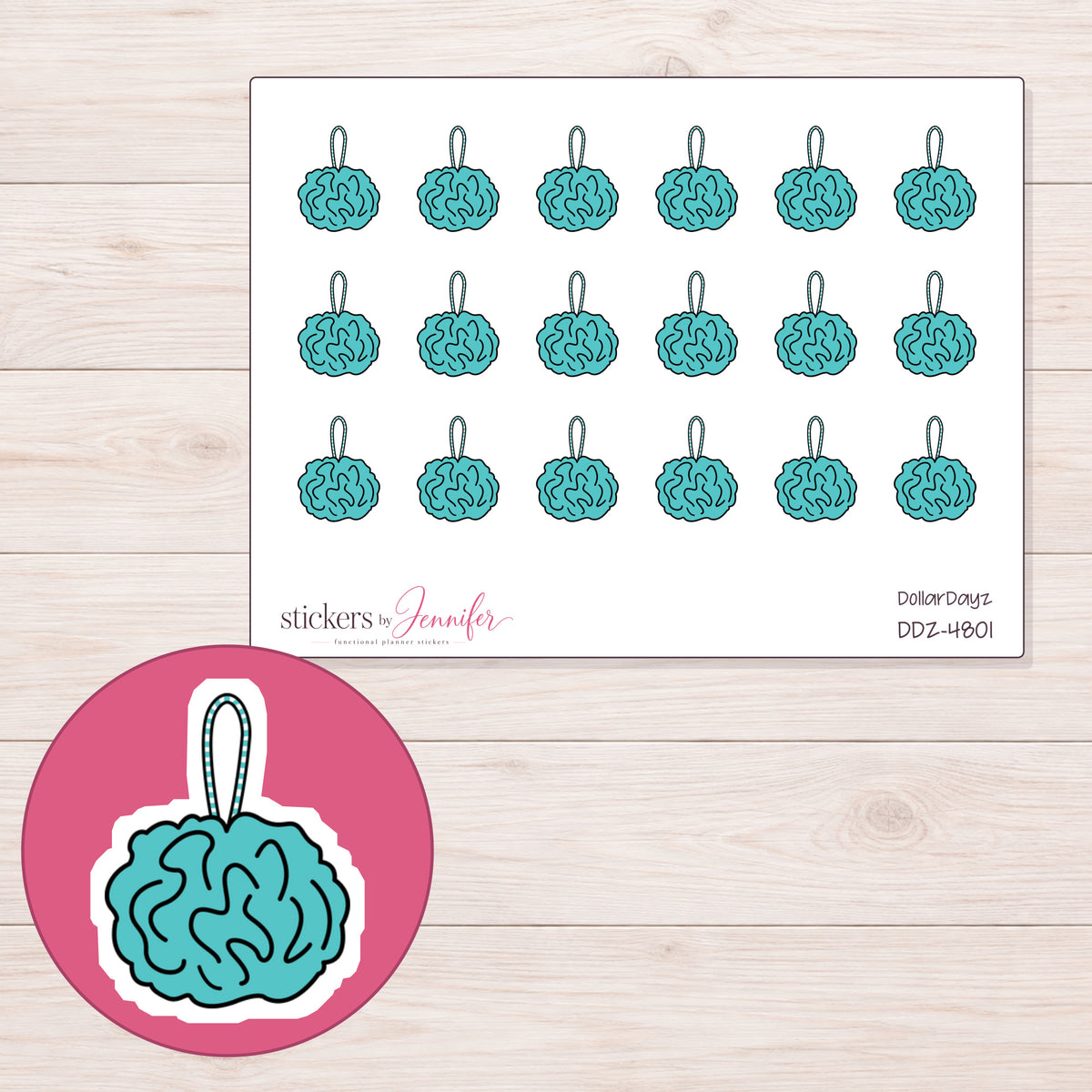 Teal Bath Pouf Planner Stickers | DDZ-4801 — 4 × 3 inch sheet and enlarged sticker detail