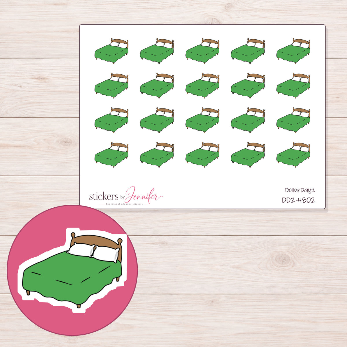 Green Blanket Bed Planner Stickers | DDZ-4802 — 4 × 3 inch sheet and enlarged sticker detail