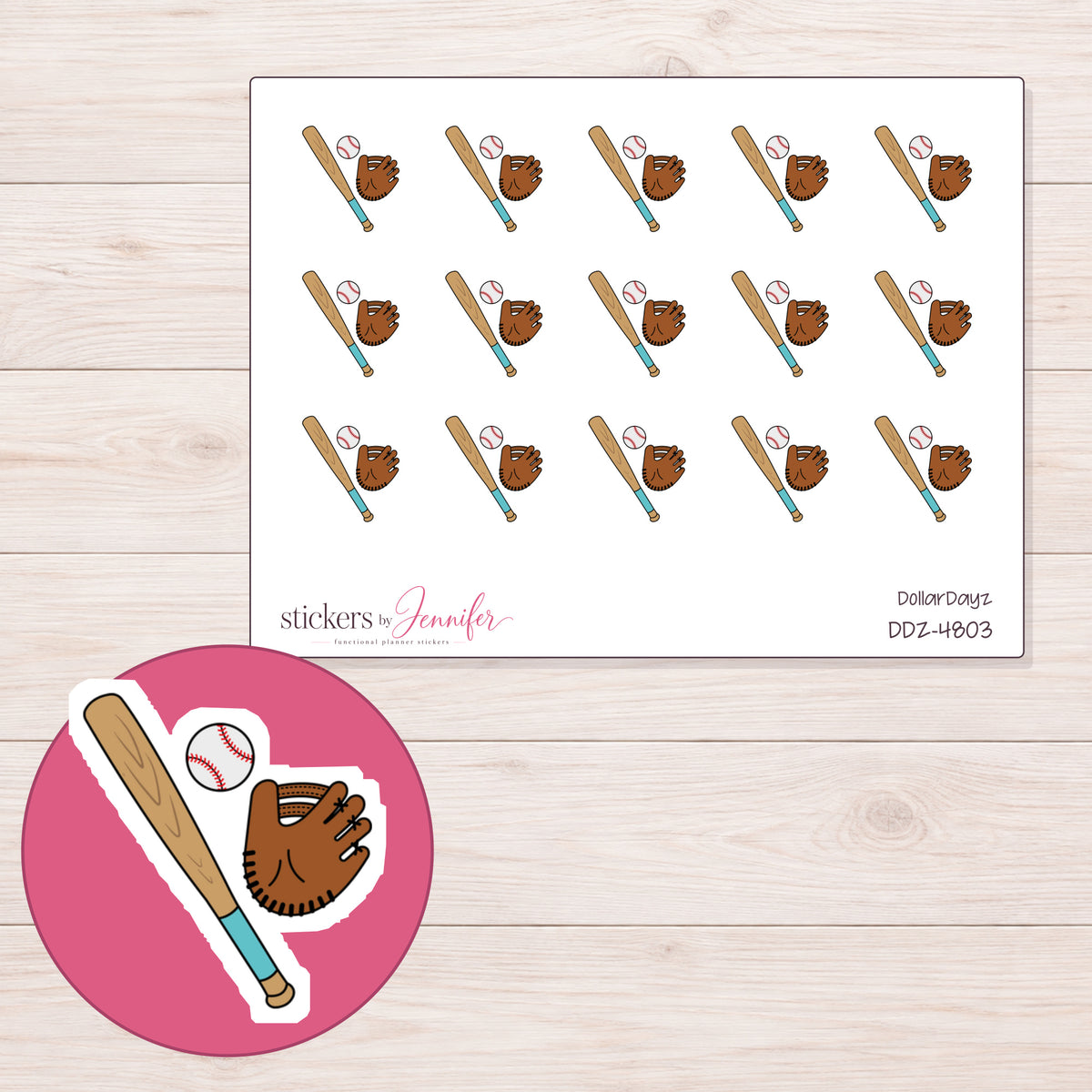 Baseball Bat Ball and Glove Planner Stickers | DDZ-4803 — 4 × 3 inch sheet and enlarged sticker detail