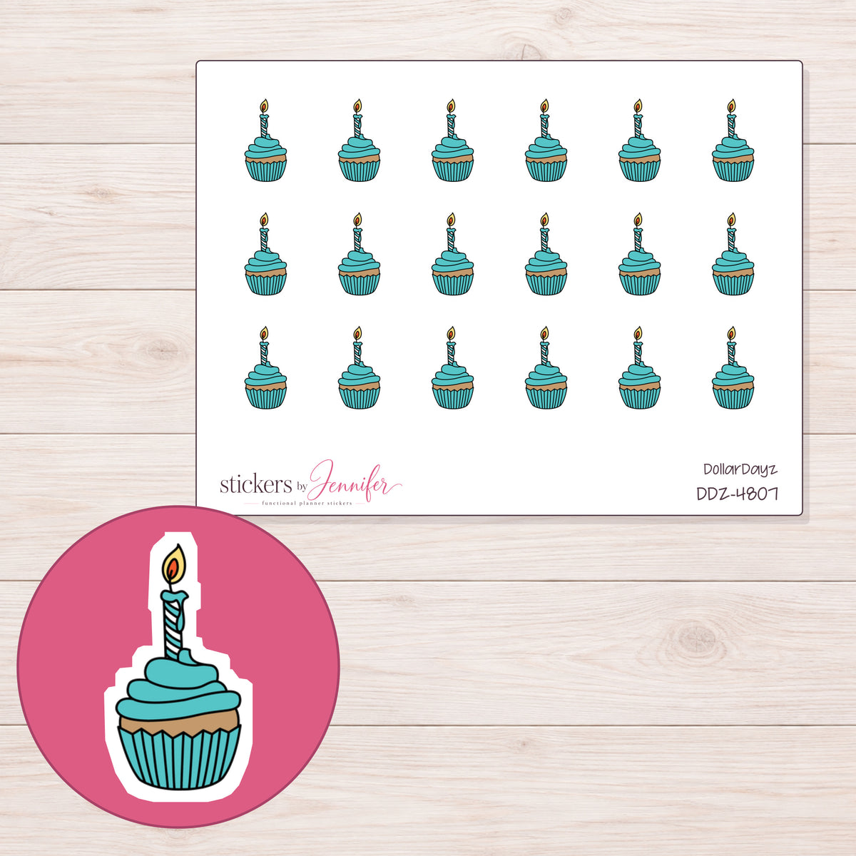 Teal Birthday Cupcake Planner Stickers | DDZ-4807 — 4 × 3 inch sheet and enlarged sticker detail