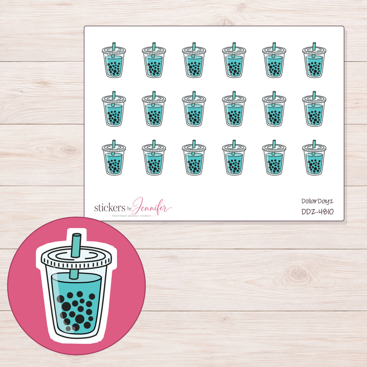 Teal Bubble Tea Planner Stickers | DDZ-4810 — 4 × 3 inch sheet and enlarged sticker detail