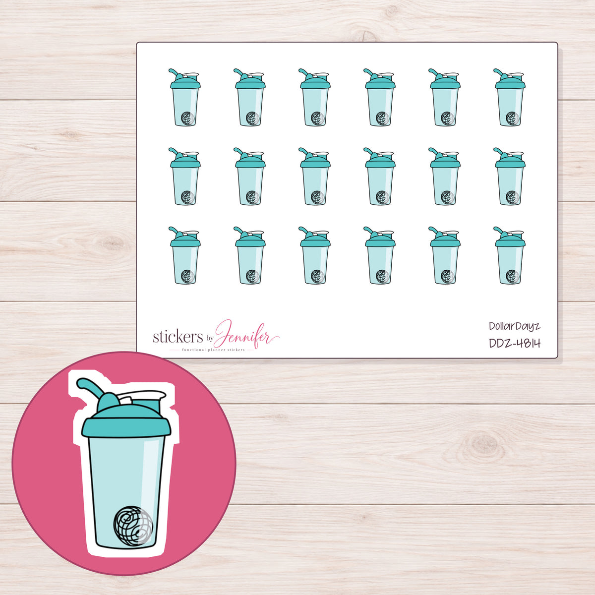 Teal Shaker Bottle Planner Stickers | DDZ-4814 — 4 × 3 inch sheet and enlarged sticker detail