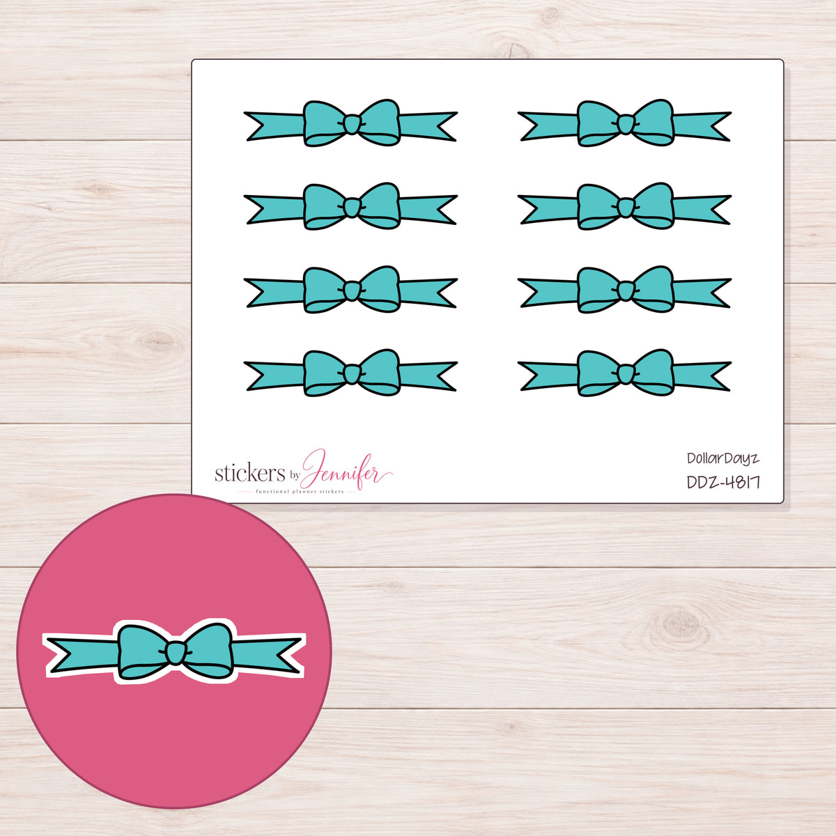 Teal Bow Ribbon Divider Planner Stickers | DDZ-4817 — 4 × 3 inch sheet and enlarged sticker detail