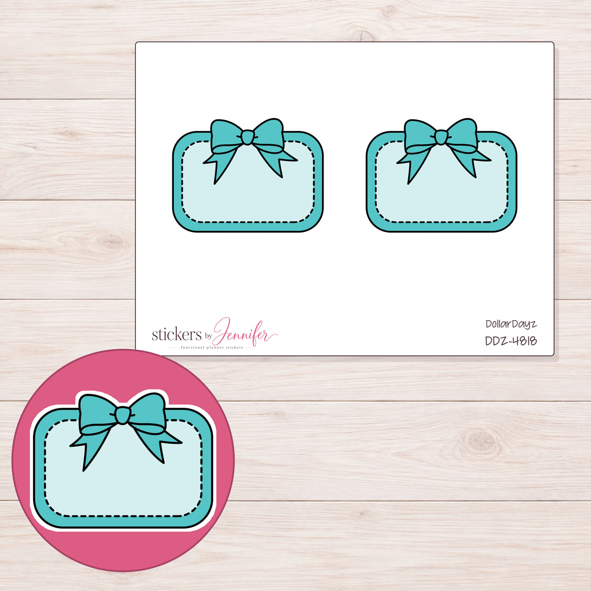 Teal Bow Half Box Label Planner Stickers | DDZ-4818 — 4 × 3 inch sheet and enlarged sticker detail