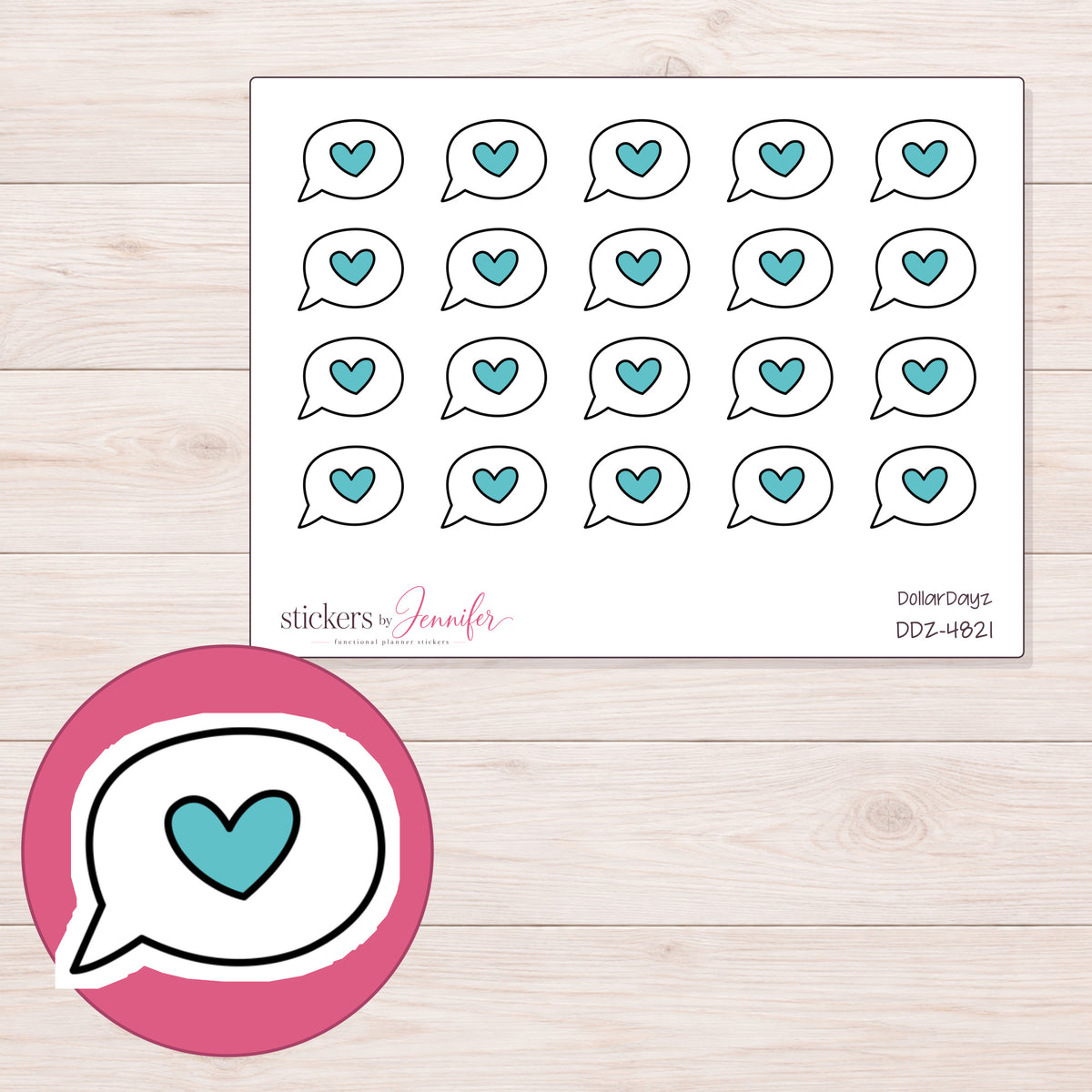 Teal Heart Speech Bubble Planner Stickers | DDZ-4821 — 4 × 3 inch sheet and enlarged sticker detail