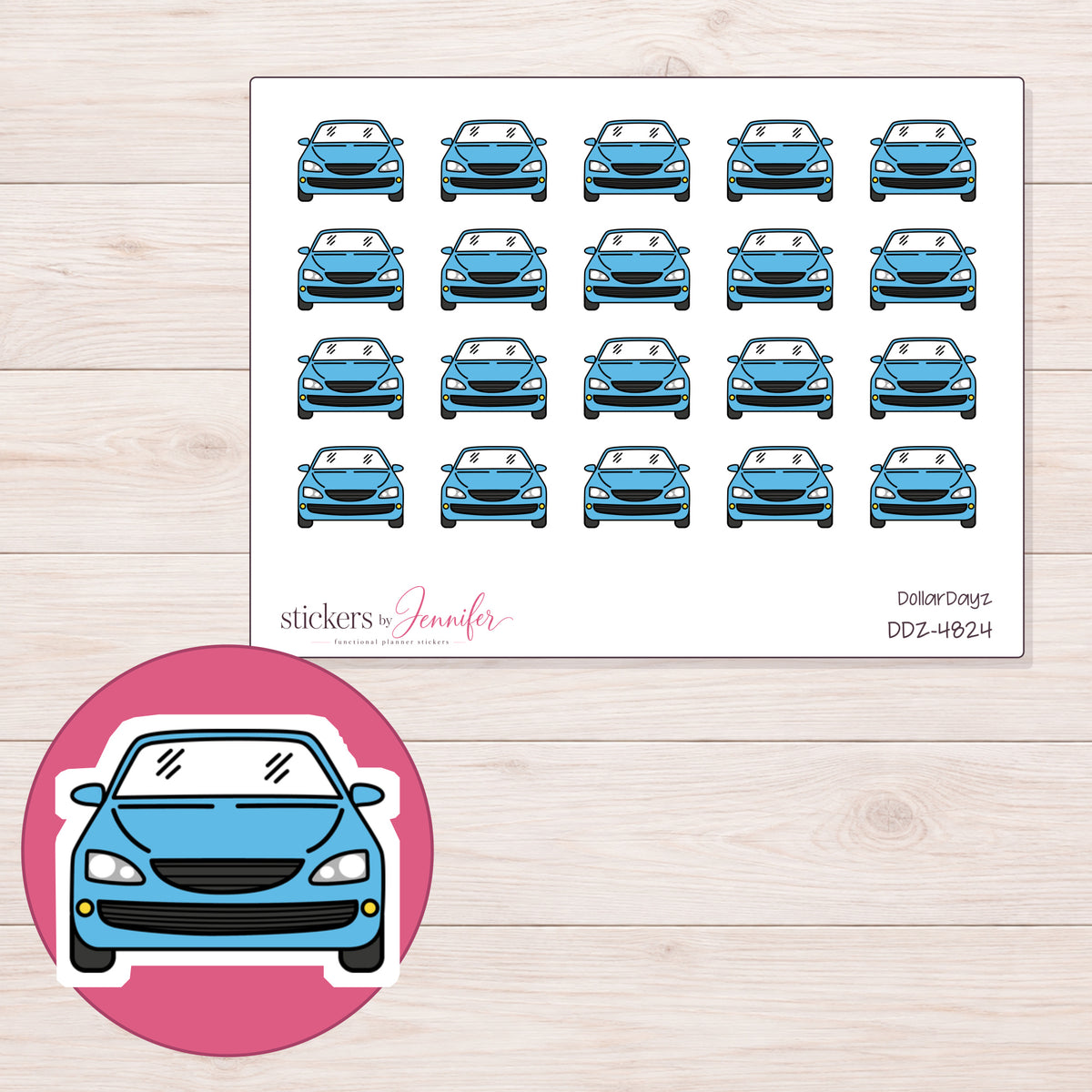 Blue Front View Car Planner Stickers | DDZ-4824 — 4 × 3 inch sheet and enlarged sticker detail