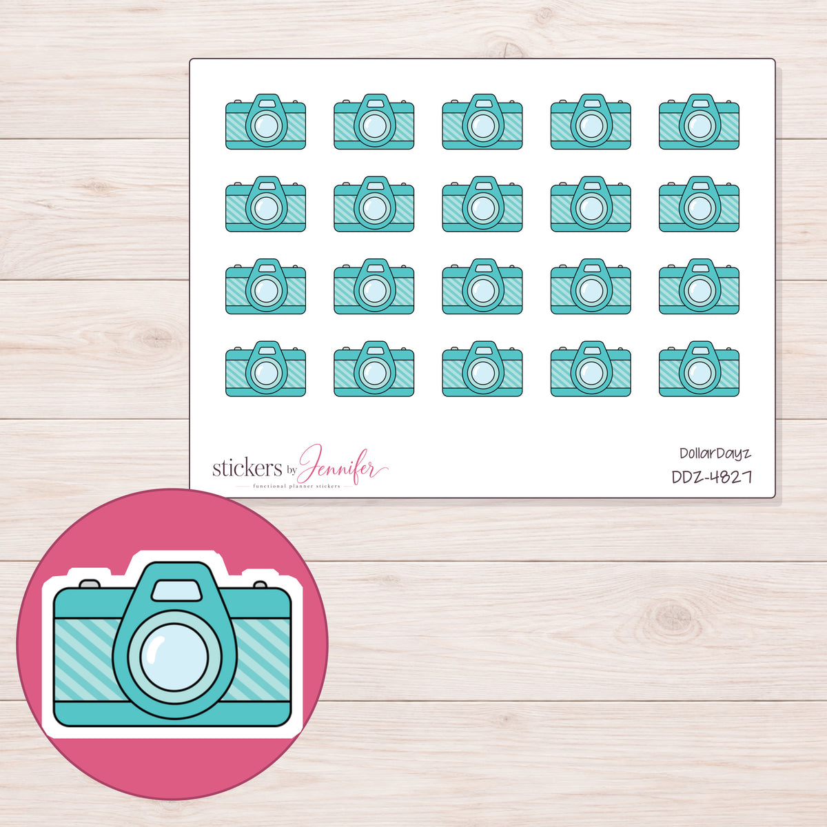 Teal Camera Planner Stickers | DDZ-4827 — 4 × 3 inch sheet and enlarged sticker detail