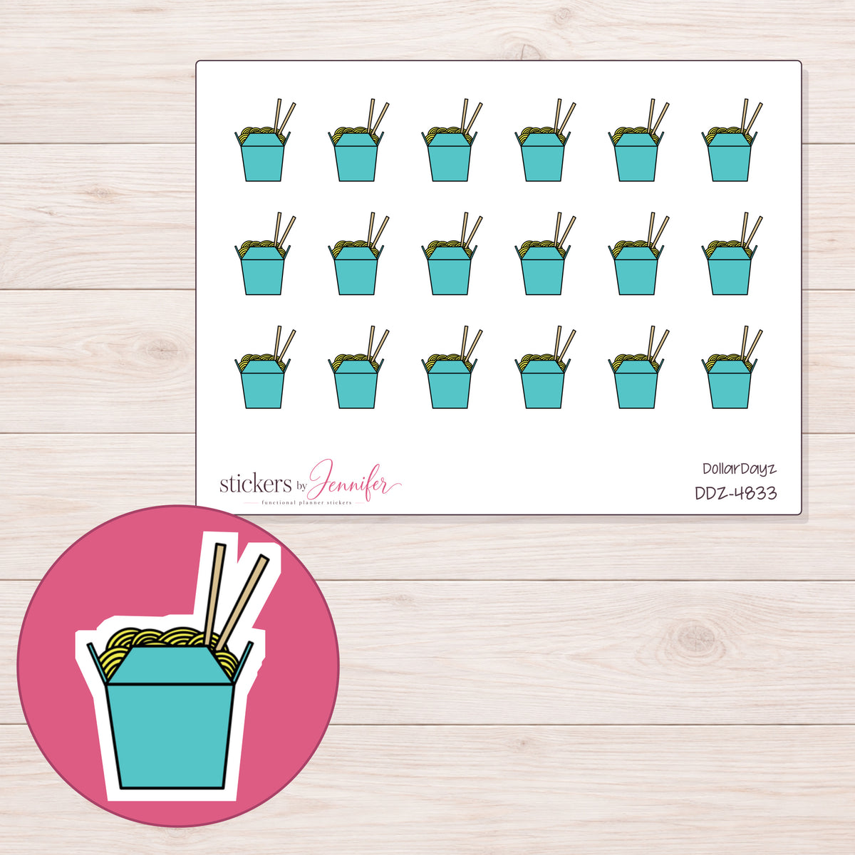 Teal Noodle Takeout Box Planner Stickers | DDZ-4833 — 4 × 3 inch sheet and enlarged sticker detail