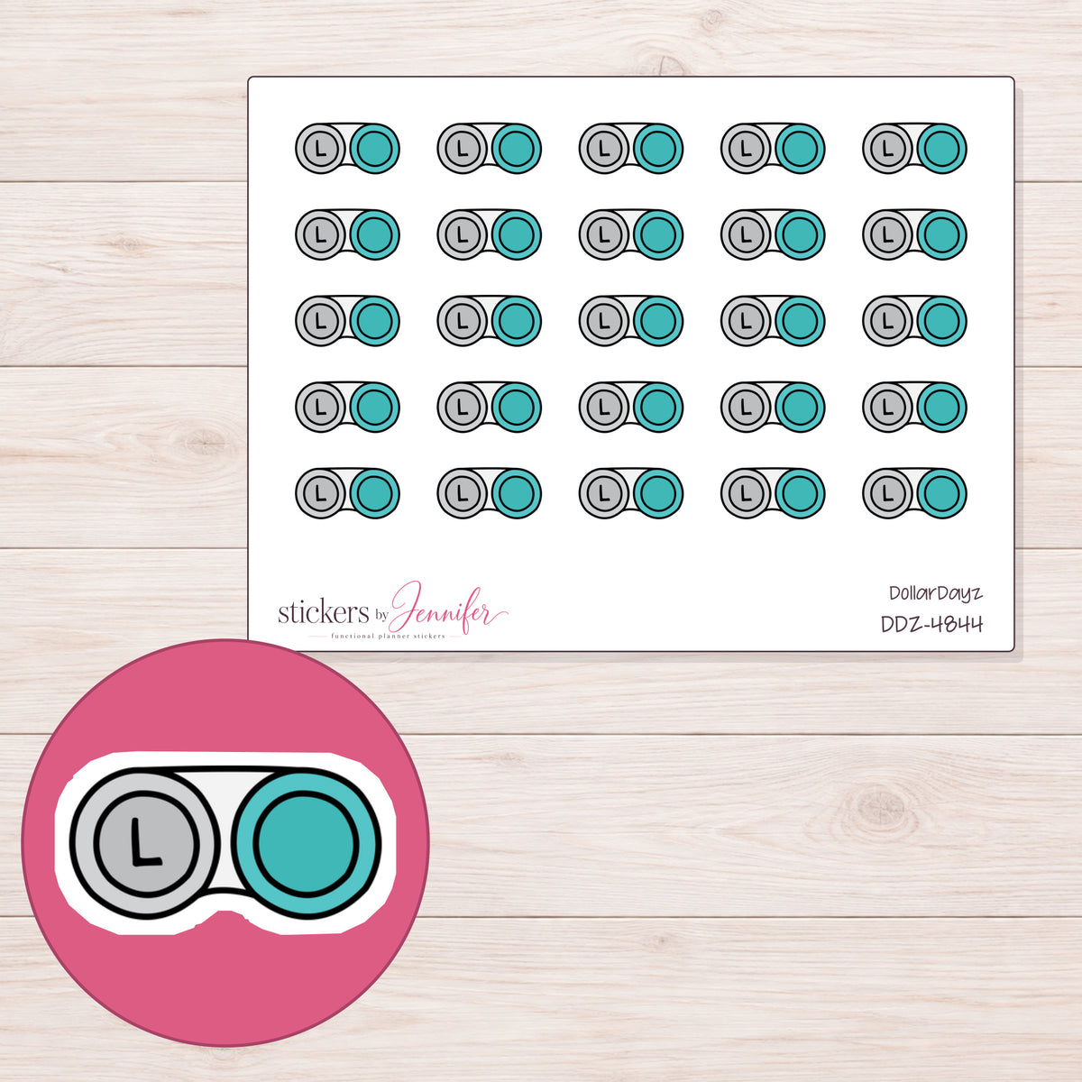 Teal Contact Lens Case Planner Stickers | DDZ-4844 — 4 × 3 inch sheet and enlarged sticker detail