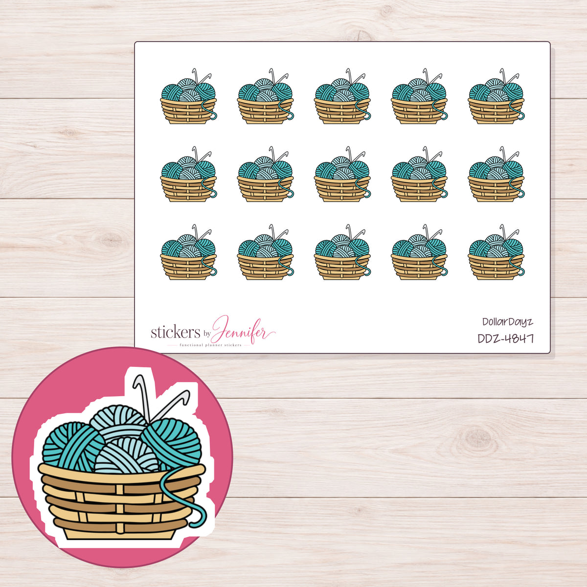 Teal Crochet Yarn Basket Planner Stickers | DDZ-4847 — 4 × 3 inch sheet and enlarged sticker detail