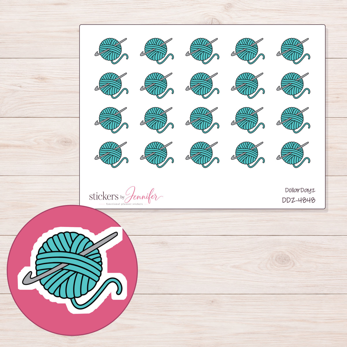 Teal Yarn Ball and Crochet Hook Planner Stickers | DDZ-4848 — 4 × 3 inch sheet and enlarged sticker detail