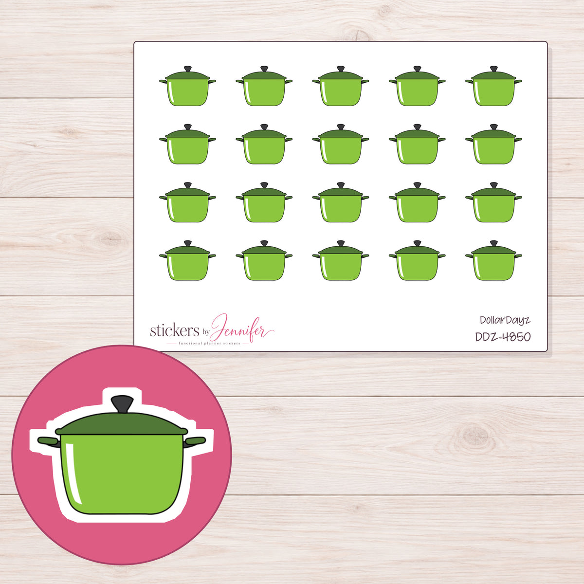Green Lidded Cooking Pot Planner Stickers | DDZ-4850 — 4 × 3 inch sheet and enlarged sticker detail