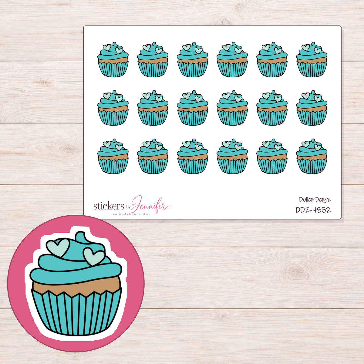 Teal Heart Cupcake Planner Stickers | DDZ-4852 — 4 × 3 inch sheet and enlarged sticker detail