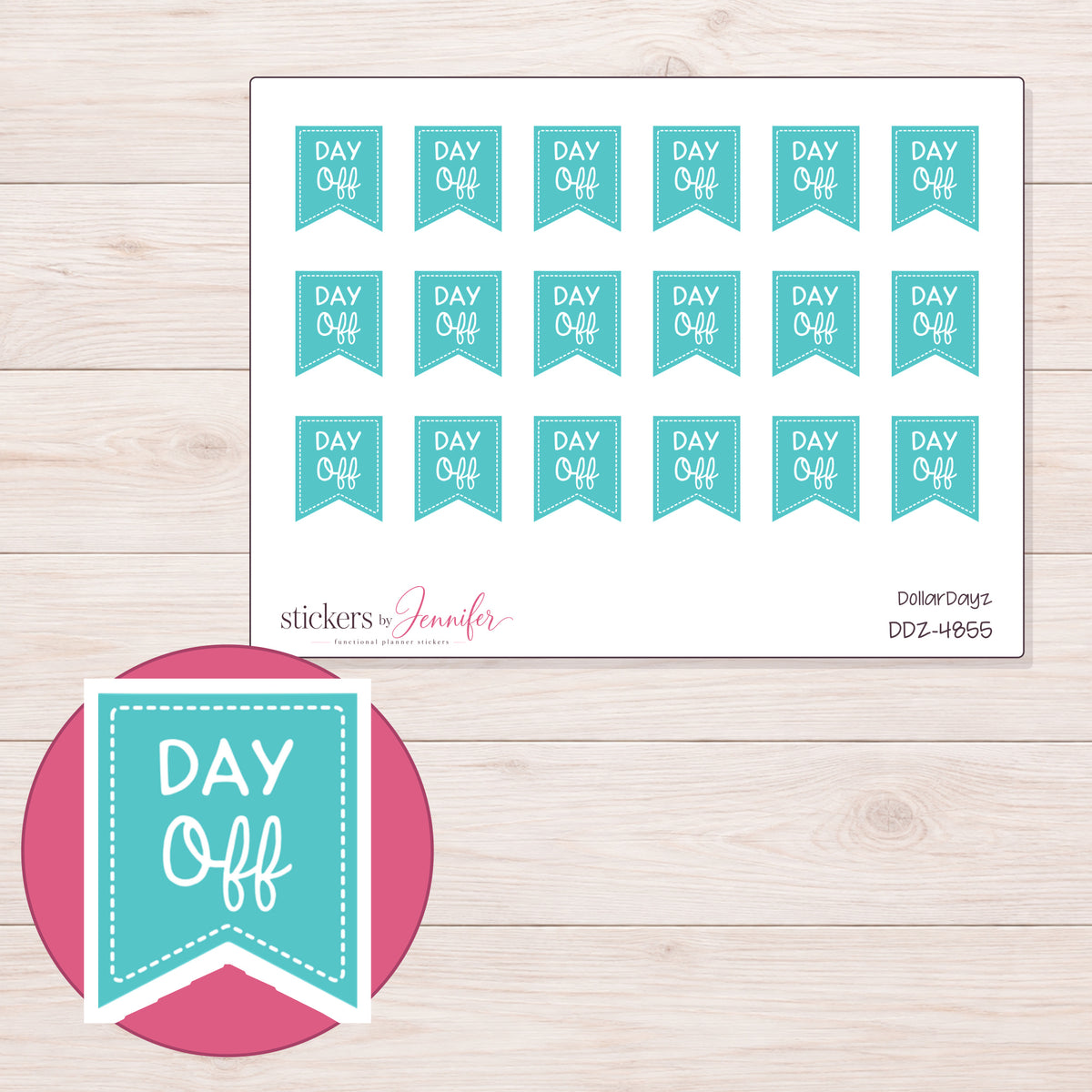 Teal Day Off Flag Planner Stickers | DDZ-4855 — 4 × 3 inch sheet and enlarged sticker detail