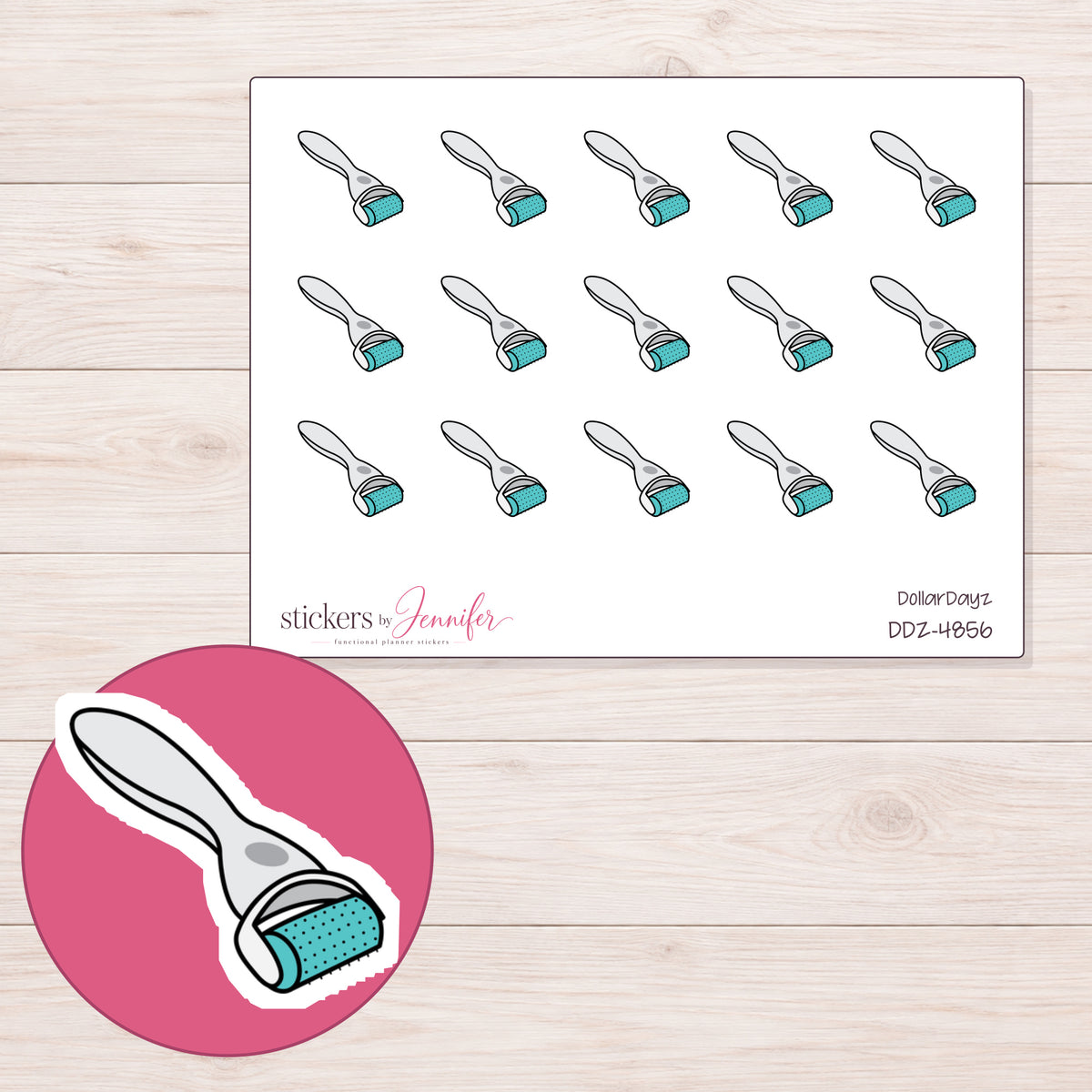 Teal Derma Roller Planner Stickers | DDZ-4856 — 4 × 3 inch sheet and enlarged sticker detail