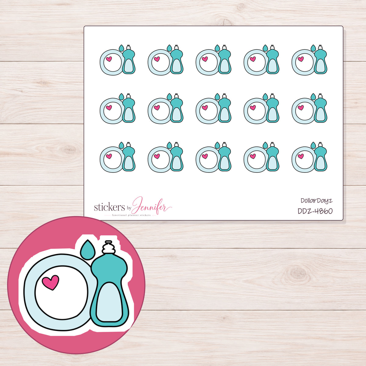 Teal Dish Soap and Heart Plate Planner Stickers | DDZ-4860 — 4 × 3 inch sheet and enlarged sticker detail