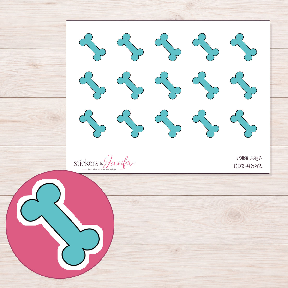 Teal Dog Bone Planner Stickers | DDZ-4862 — 4 × 3 inch sheet and enlarged sticker detail