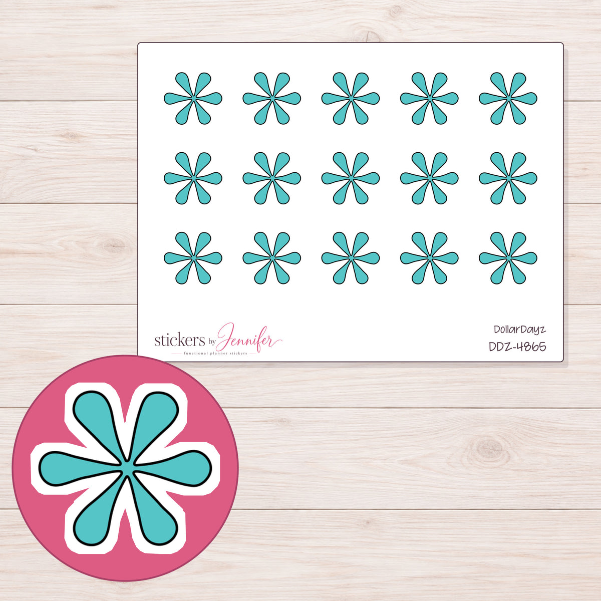 Teal Doodle Asterisk Planner Stickers | DDZ-4865 — 4 × 3 inch sheet and enlarged sticker detail