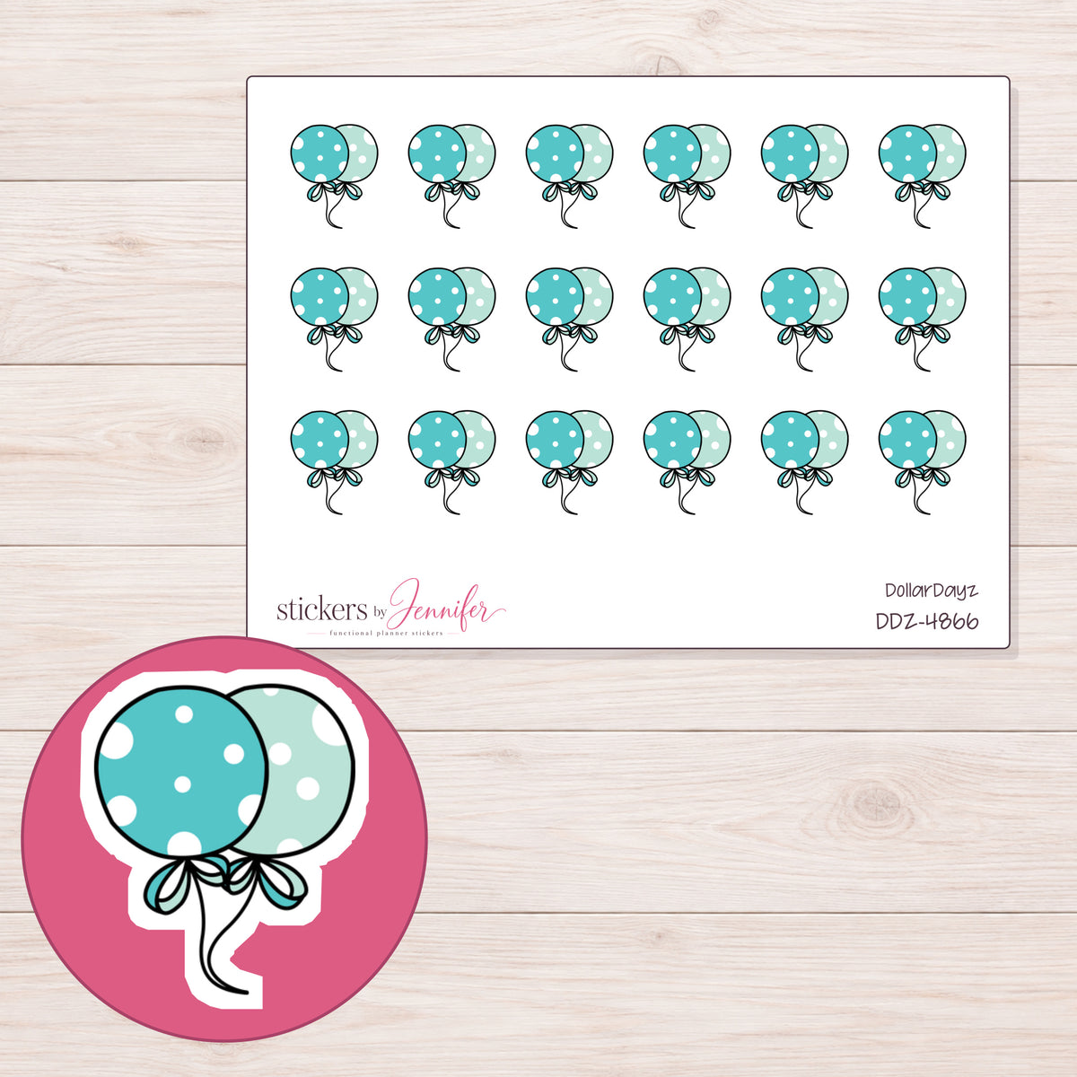 Teal Polka Dot Balloons Planner Stickers | DDZ-4866 — 4 × 3 inch sheet and enlarged sticker detail