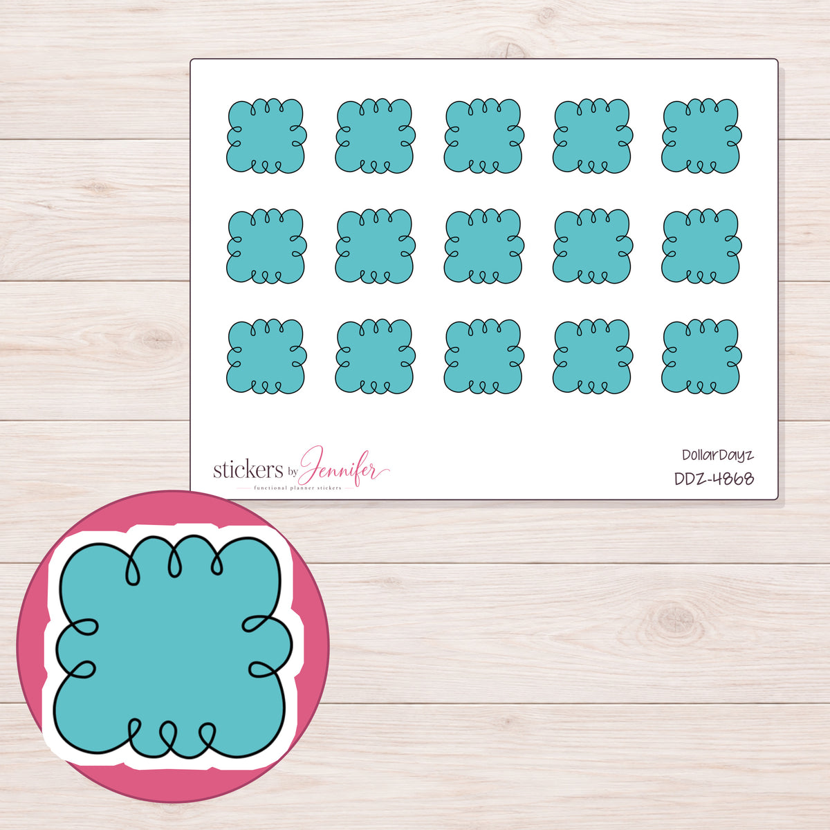 Teal Loopy Doodle Cloud Planner Stickers | DDZ-4868 — 4 × 3 inch sheet and enlarged sticker detail