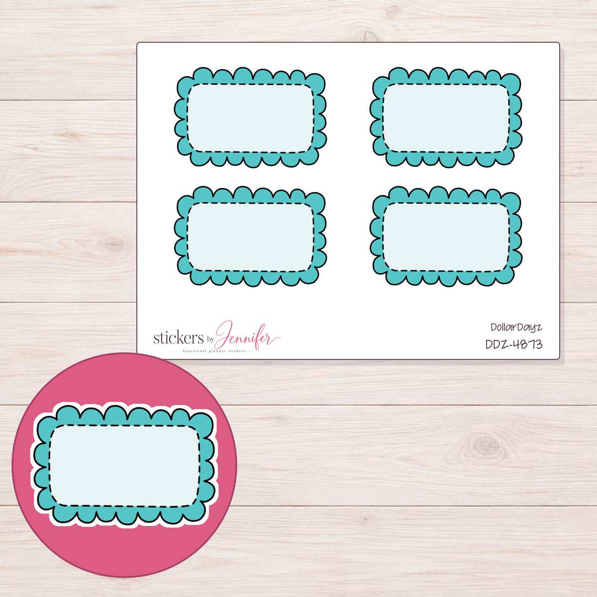 Teal Doodle Scallop Half Box Planner Stickers | DDZ-4873 — 4 × 3 inch sheet and enlarged sticker detail