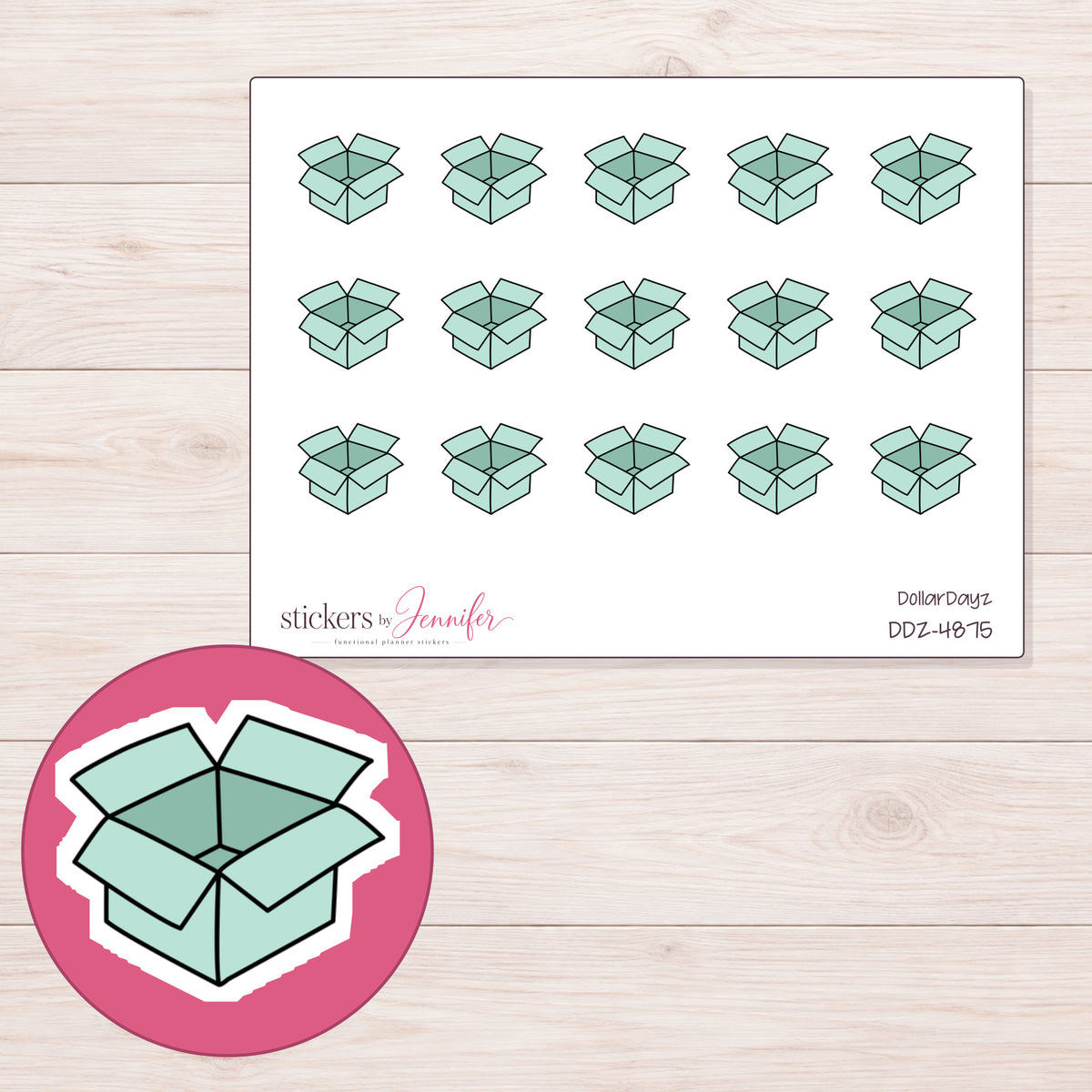 Mint Open Shipping Box Planner Stickers | DDZ-4875 — 4 × 3 inch sheet and enlarged sticker detail