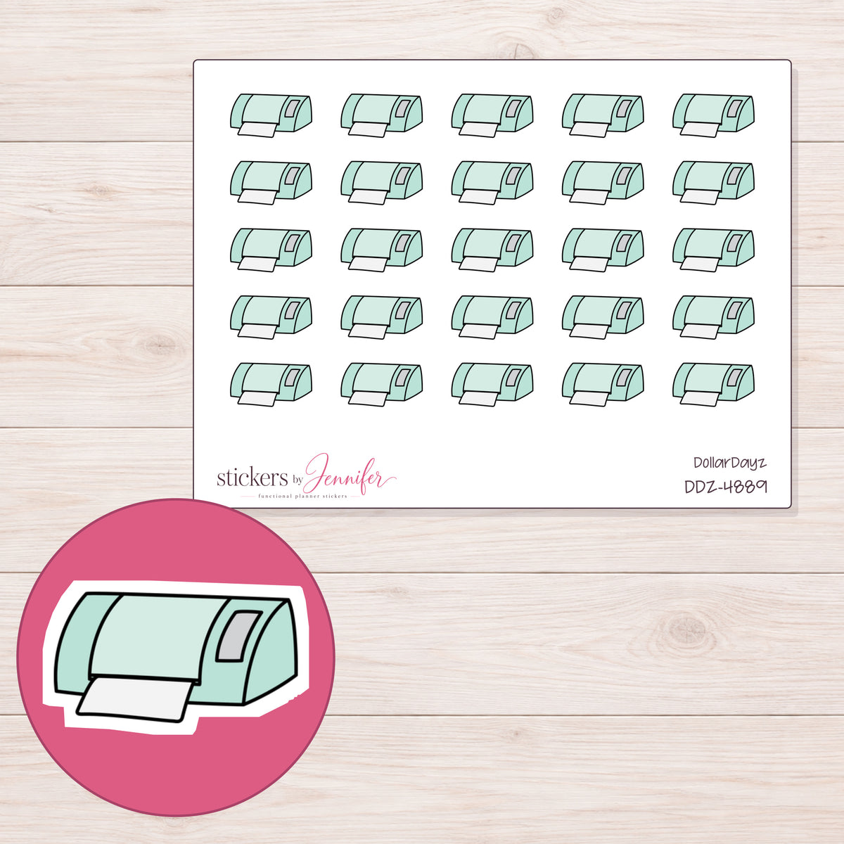 Mint Cutting Machine Planner Stickers | DDZ-4889 — 4 × 3 inch sheet and enlarged sticker detail