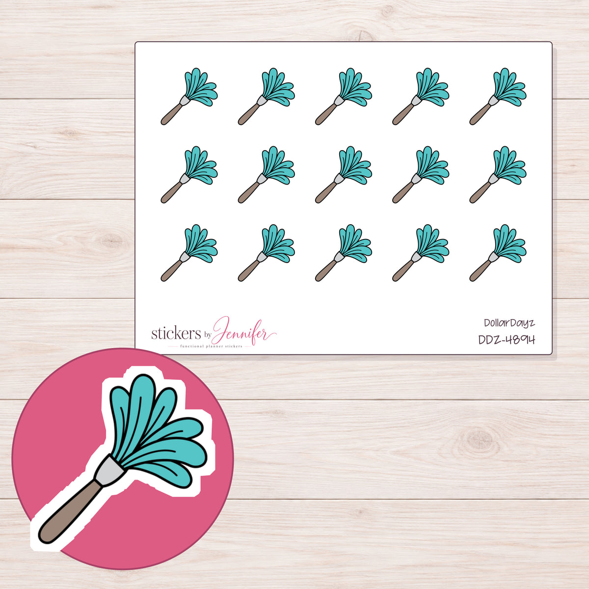 Teal Feather Duster Planner Stickers | DDZ-4894 — 4 × 3 inch sheet and enlarged sticker detail