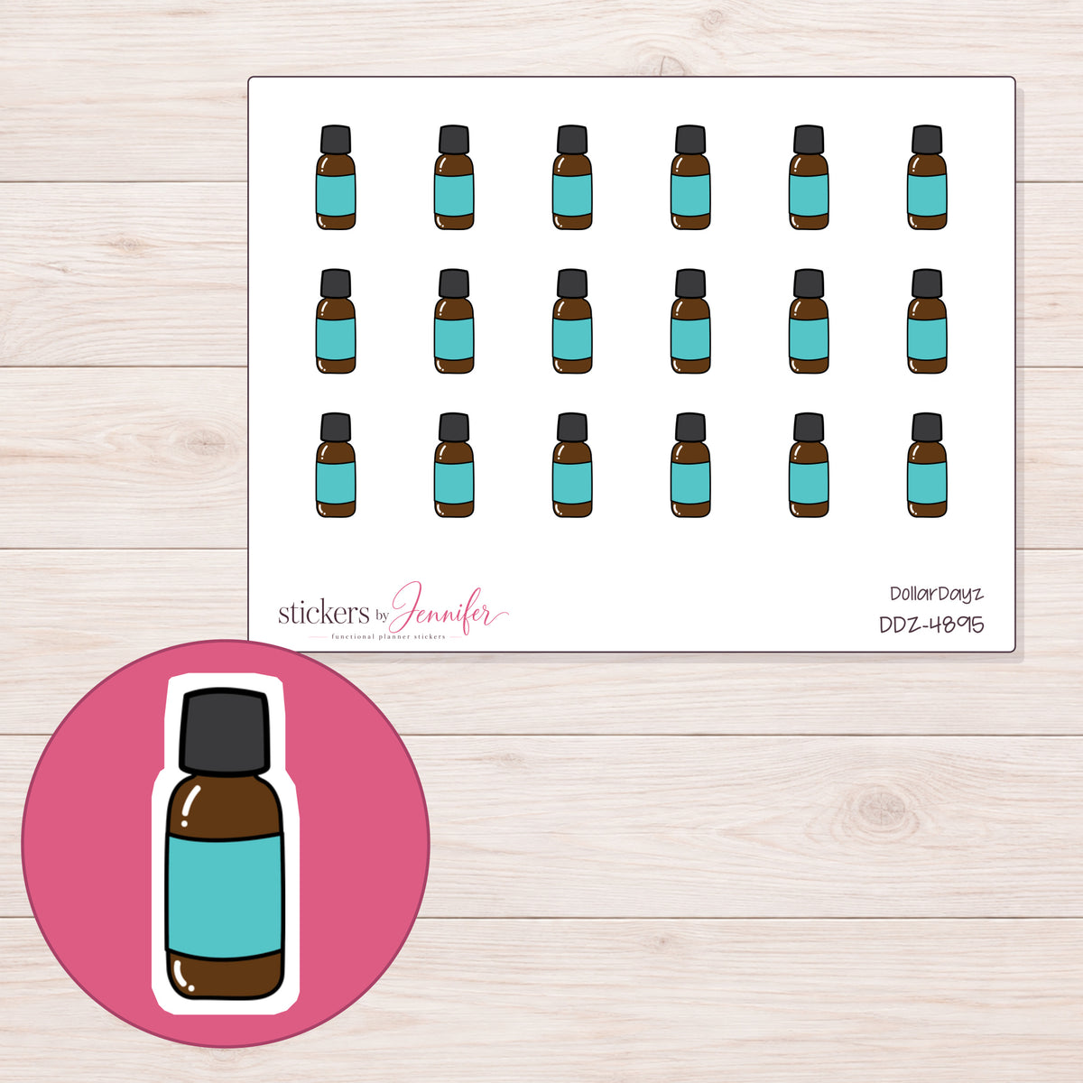 Teal Label Essential Oil Bottle Planner Stickers | DDZ-4895 — 4 × 3 inch sheet and enlarged sticker detail