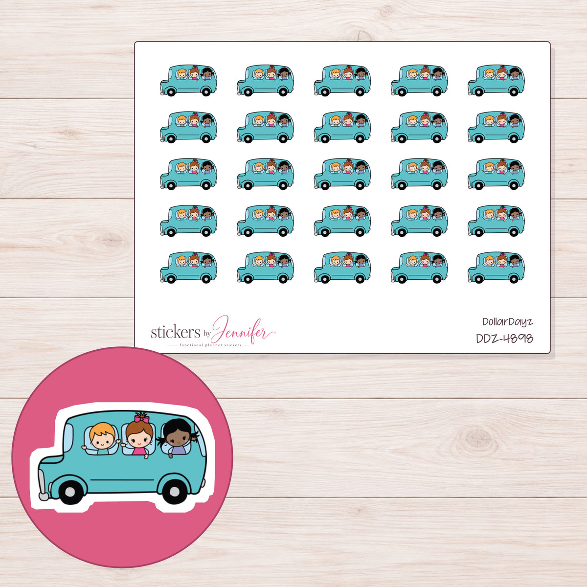 Teal School Trip Bus Planner Stickers | DDZ-4898 — 4 × 3 inch sheet and enlarged sticker detail