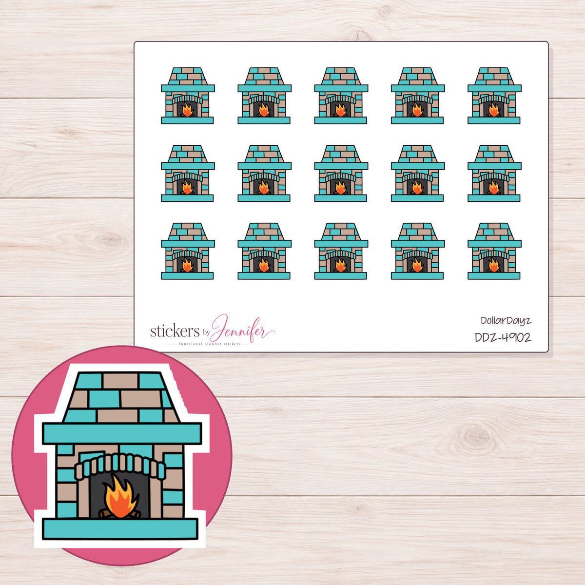Teal Brick Fireplace Planner Stickers | DDZ-4902 — 4 × 3 inch sheet and enlarged sticker detail