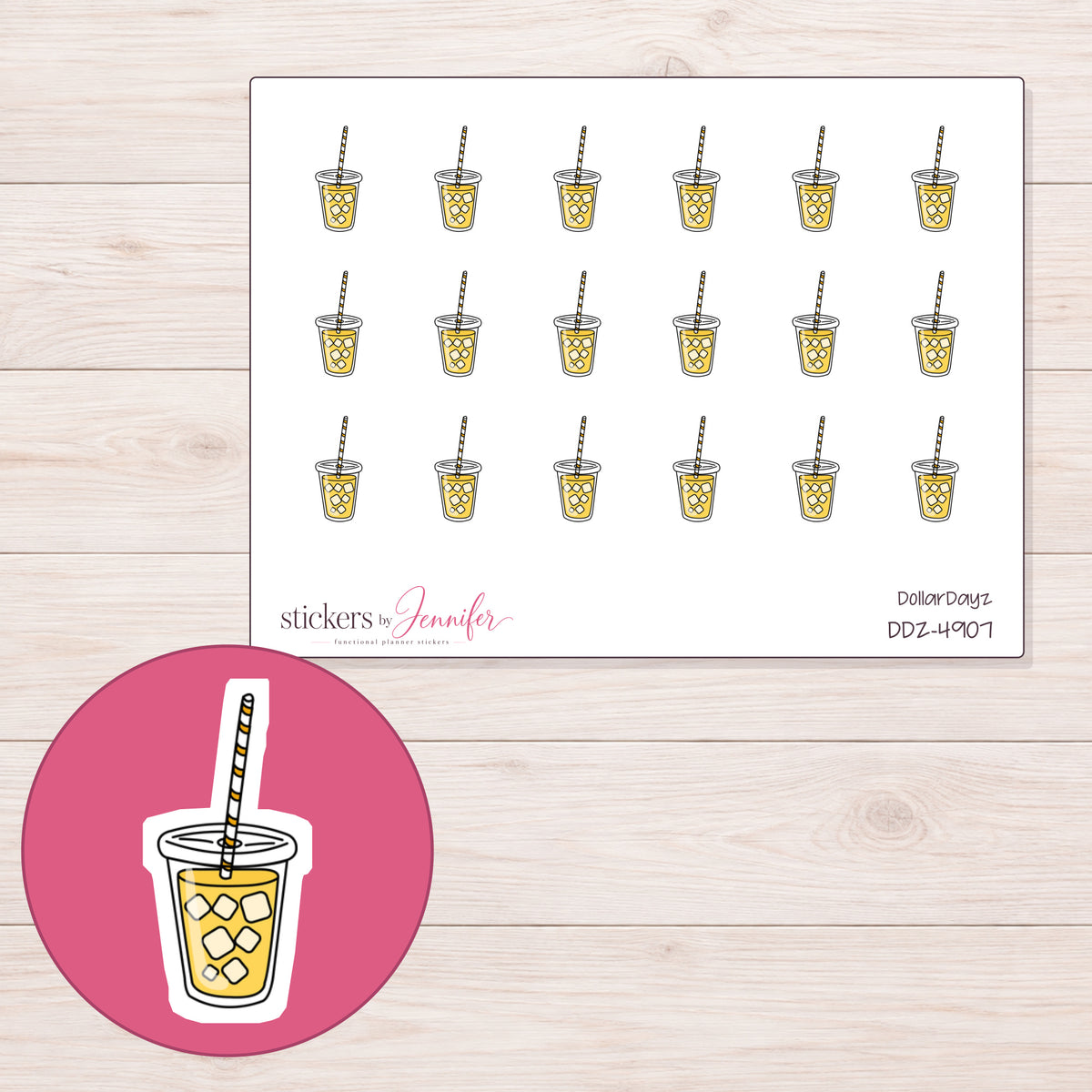 Yellow Iced Tea Planner Stickers | DDZ-4907 — 4 × 3 inch sheet and enlarged sticker detail