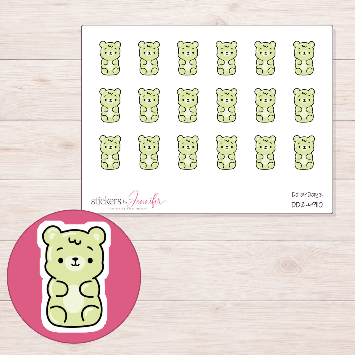 Pale Yellow Green Gummy Bear Planner Stickers | DDZ-4910 — 4 × 3 inch sheet and enlarged sticker detail