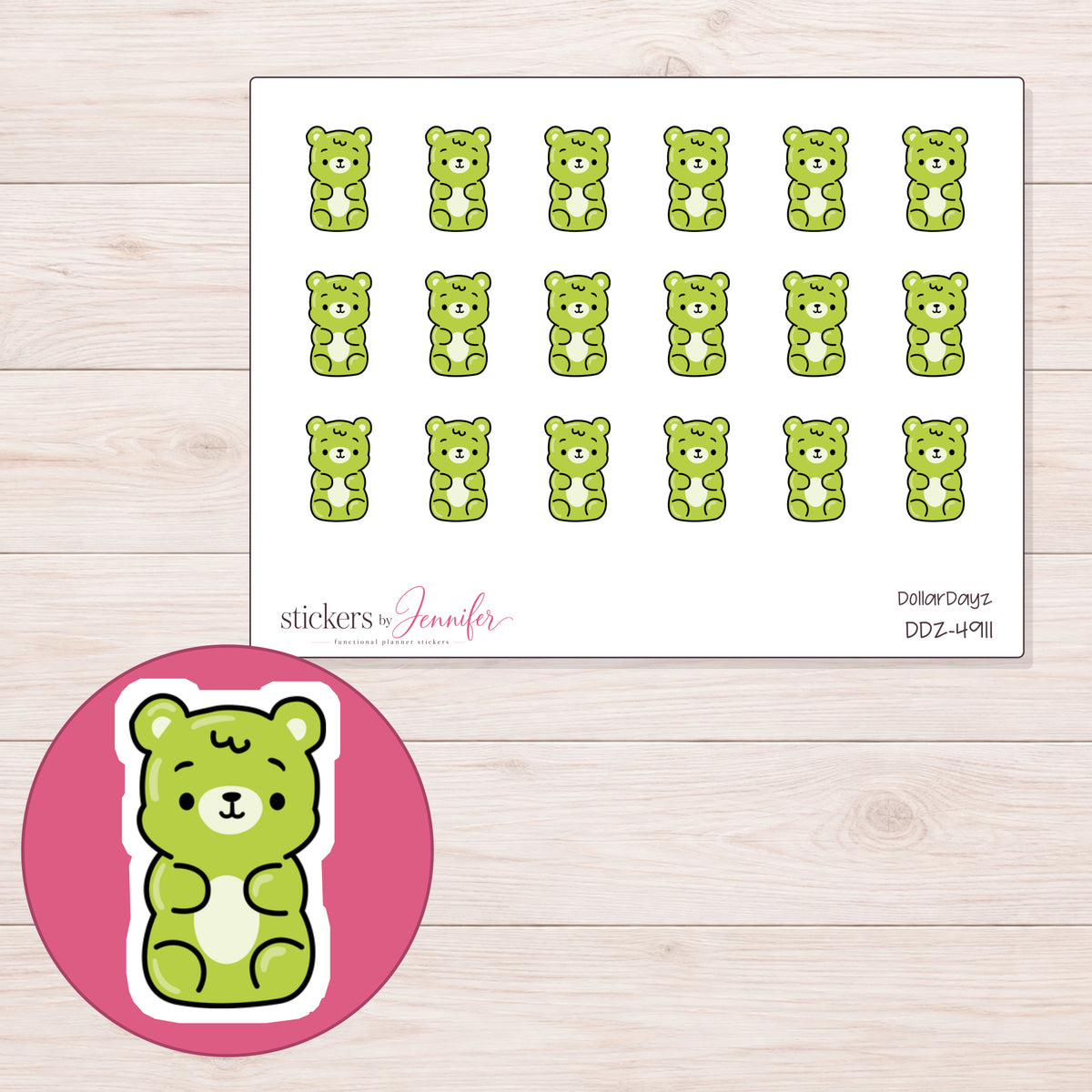 Lime Green Gummy Bear Planner Stickers | DDZ-4911 — 4 × 3 inch sheet and enlarged sticker detail