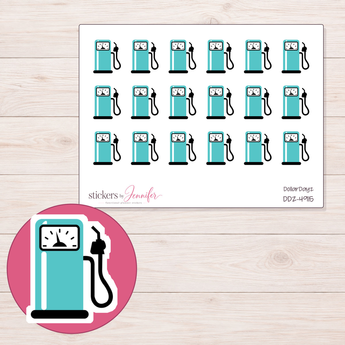 Teal Gas Pump Planner Stickers | DDZ-4915 — 4 × 3 inch sheet and enlarged sticker detail