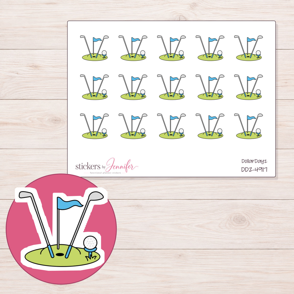Golf Clubs and Teal Flag Planner Stickers | DDZ-4917 — 4 × 3 inch sheet and enlarged sticker detail