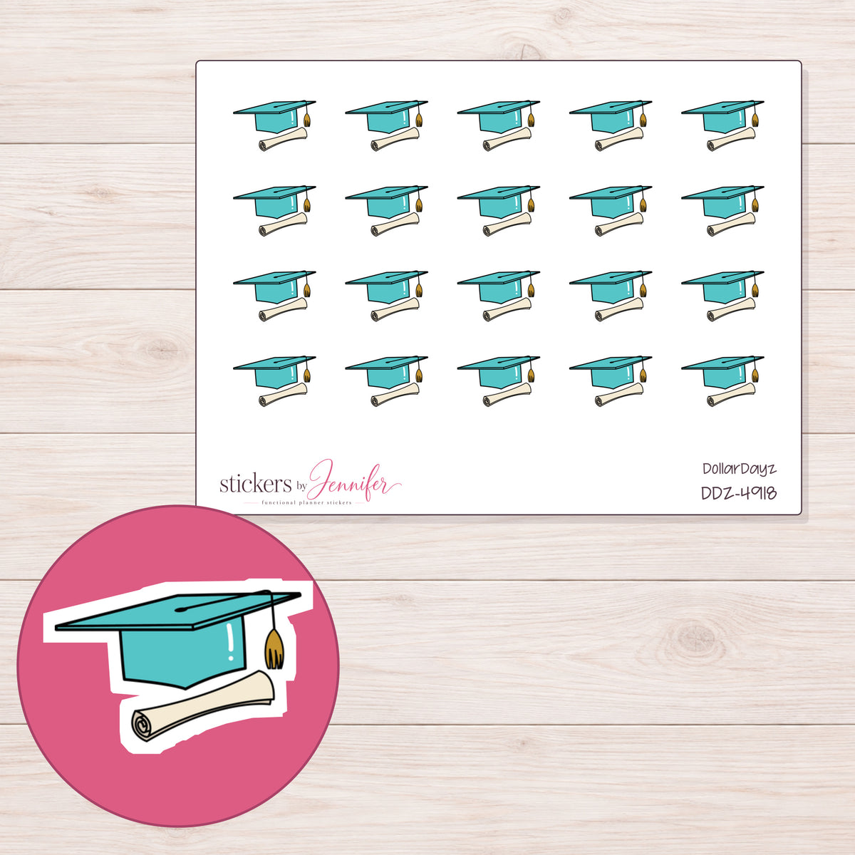 Teal Graduation Cap and Diploma Planner Stickers | DDZ-4918 — 4 × 3 inch sheet and enlarged sticker detail