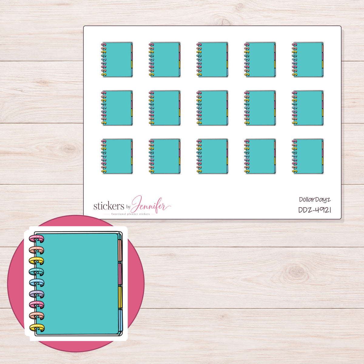 Teal Disc Bound Planner Stickers | DDZ-4921 — 4 × 3 inch sheet and enlarged sticker detail