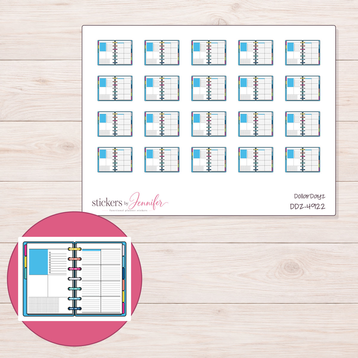 Blue Open Disc Bound Planner Stickers | DDZ-4922 — 4 × 3 inch sheet and enlarged sticker detail