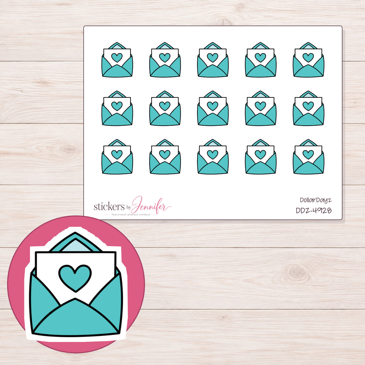 Teal Heart Happy Mail Planner Stickers | DDZ-4928 — 4 × 3 inch sheet and enlarged sticker detail