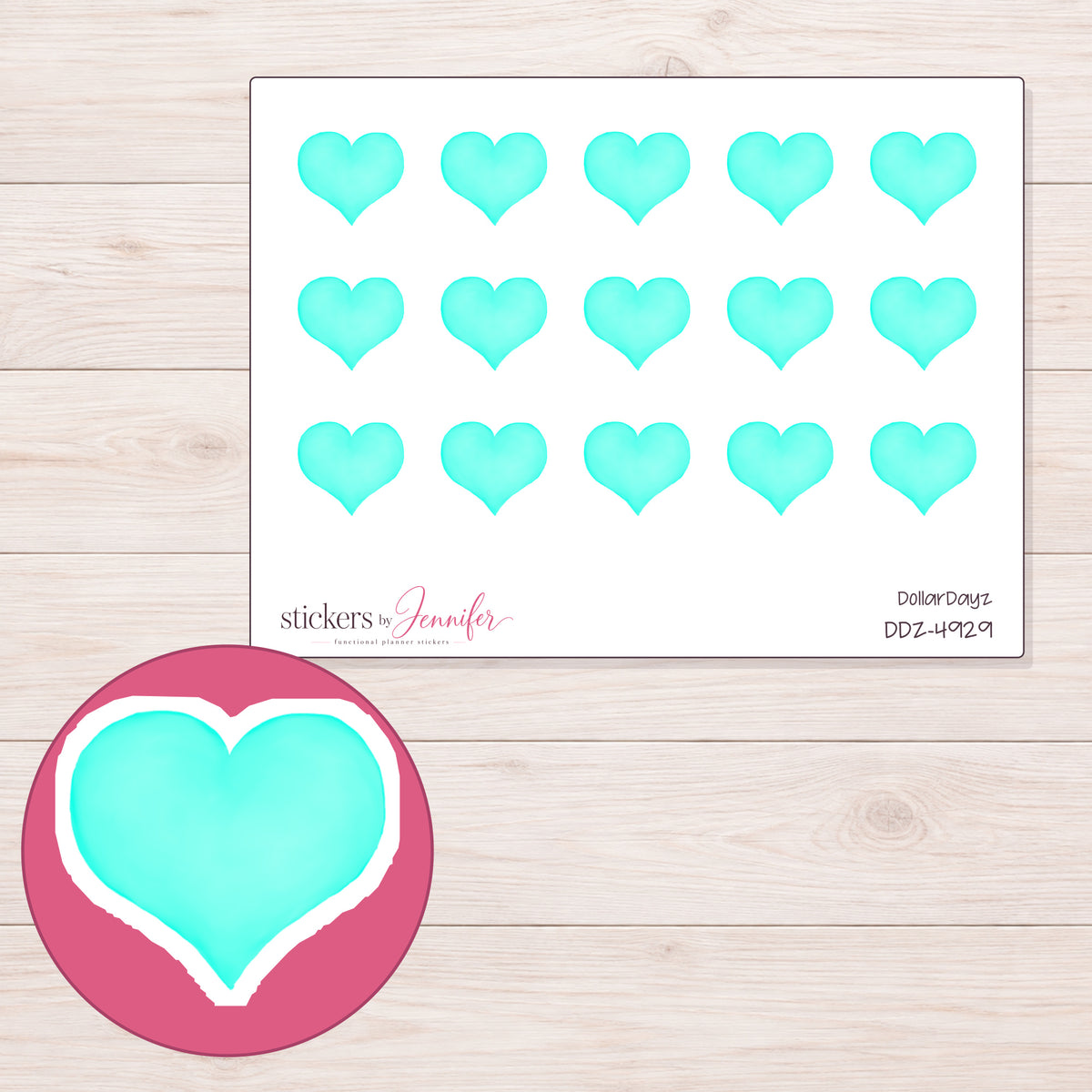 Bright Aqua Heart Planner Stickers | DDZ-4929 — 4 × 3 inch sheet and enlarged sticker detail
