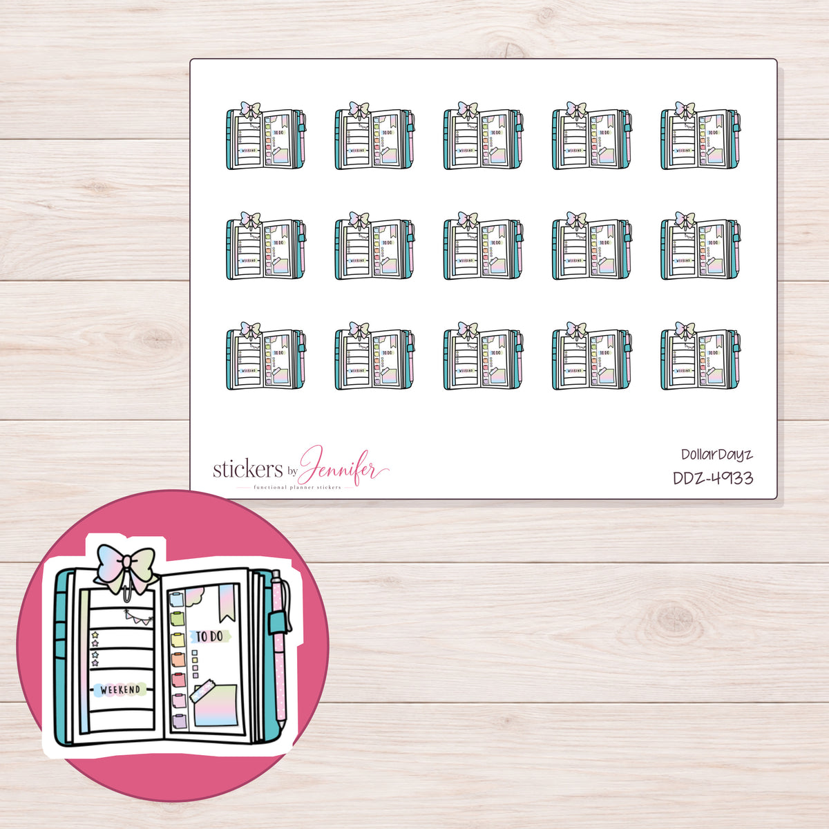 Teal Decorated Open Planner Stickers | DDZ-4933 — 4 × 3 inch sheet and enlarged sticker detail