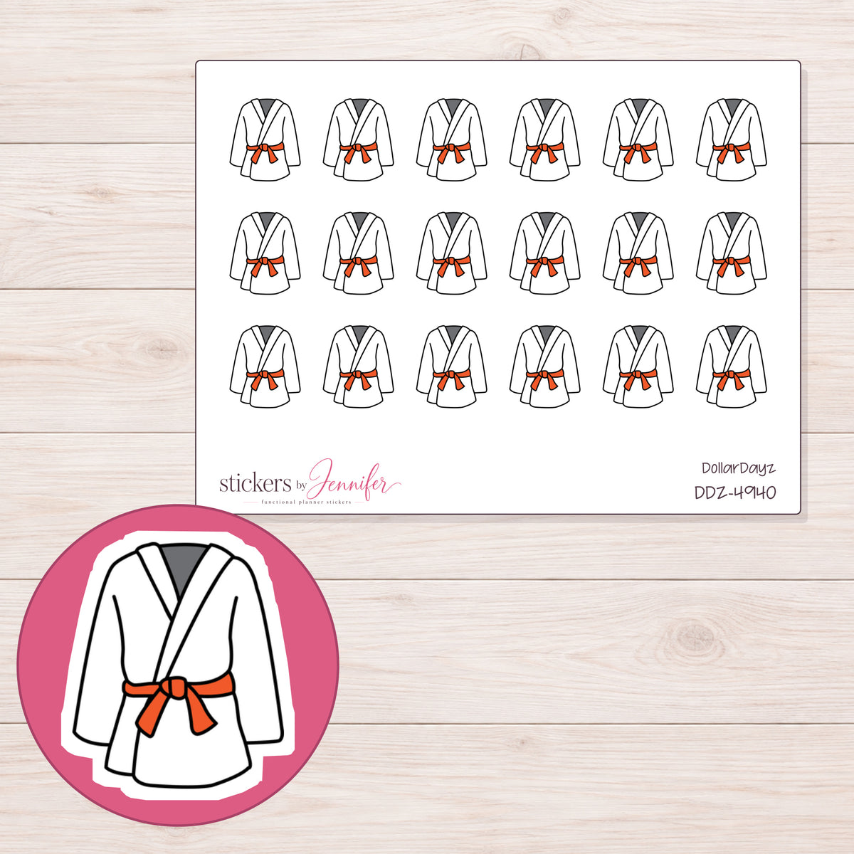 Orange Belt Karate Uniform Planner Stickers | DDZ-4940 — 4 × 3 inch sheet and enlarged sticker detail