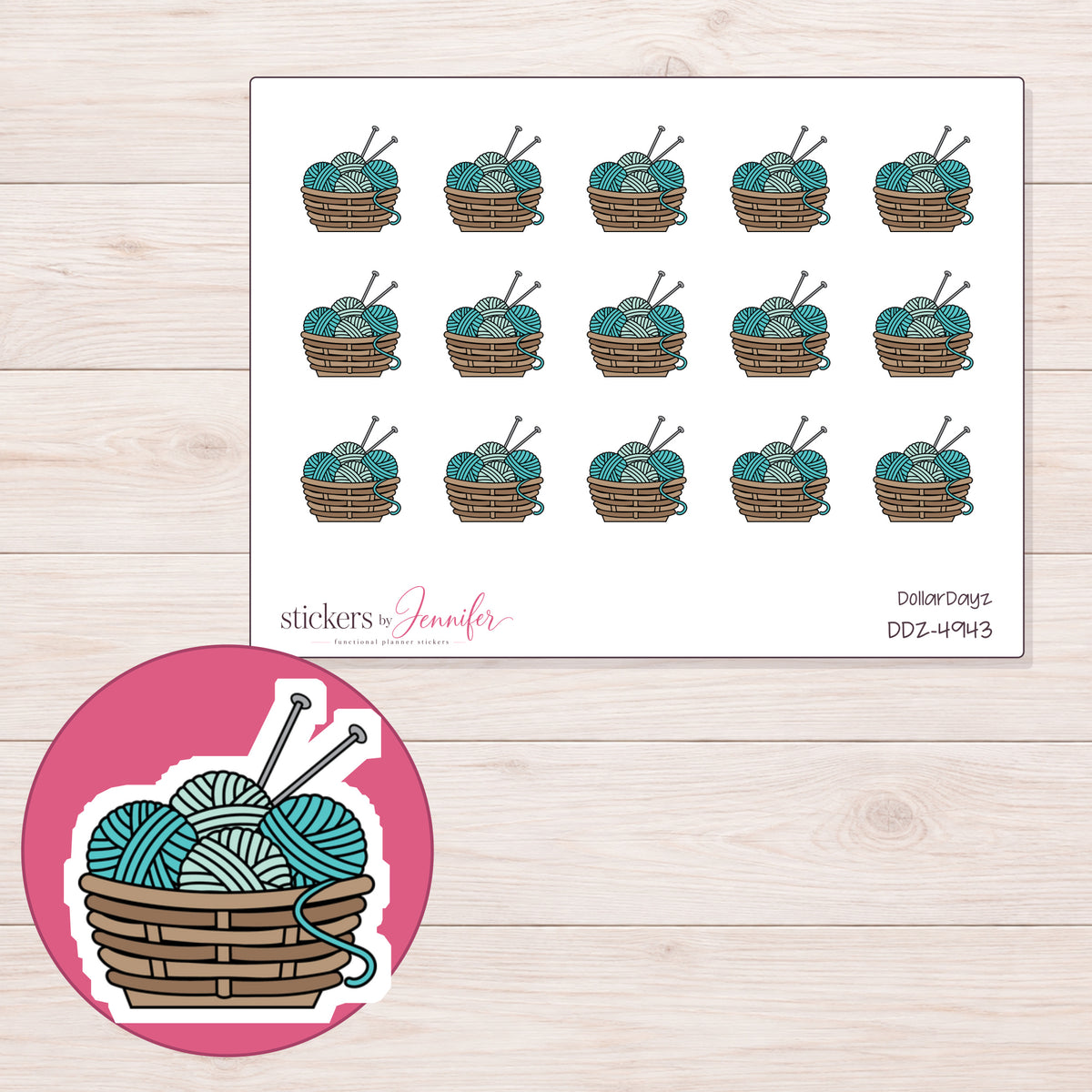 Teal Knitting Yarn Basket Planner Stickers | DDZ-4943 — 4 × 3 inch sheet and enlarged sticker detail