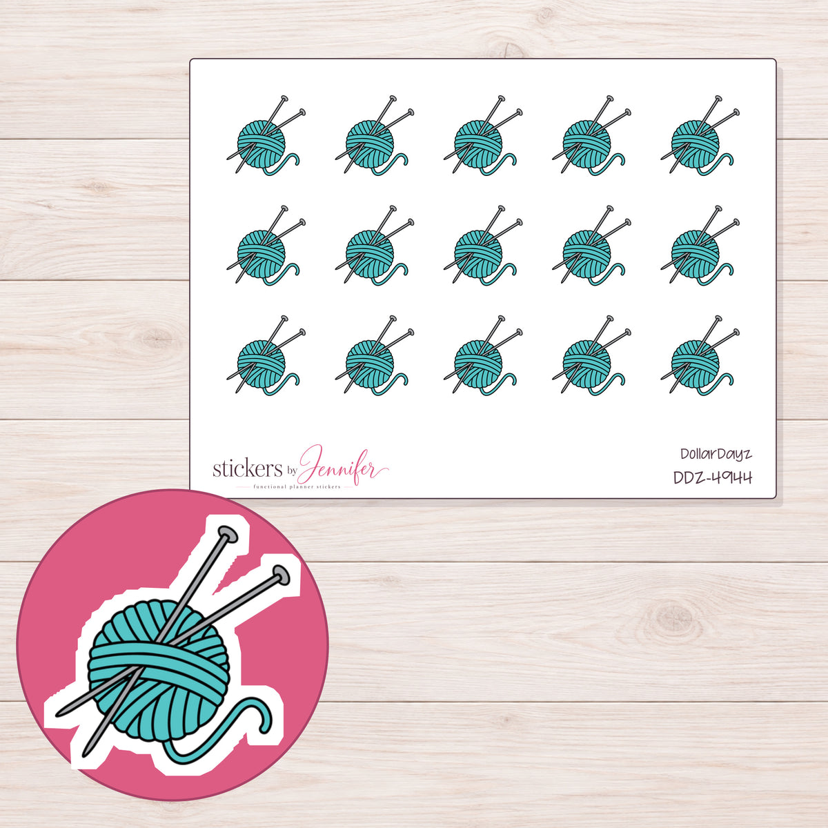 Teal Yarn Ball and Knitting Needles Planner Stickers | DDZ-4944 — 4 × 3 inch sheet and enlarged sticker detail