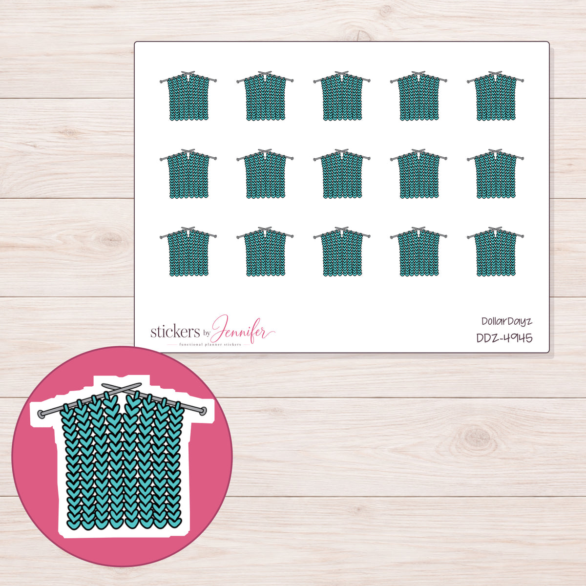 Teal Knitted Swatch Planner Stickers | DDZ-4945 — 4 × 3 inch sheet and enlarged sticker detail