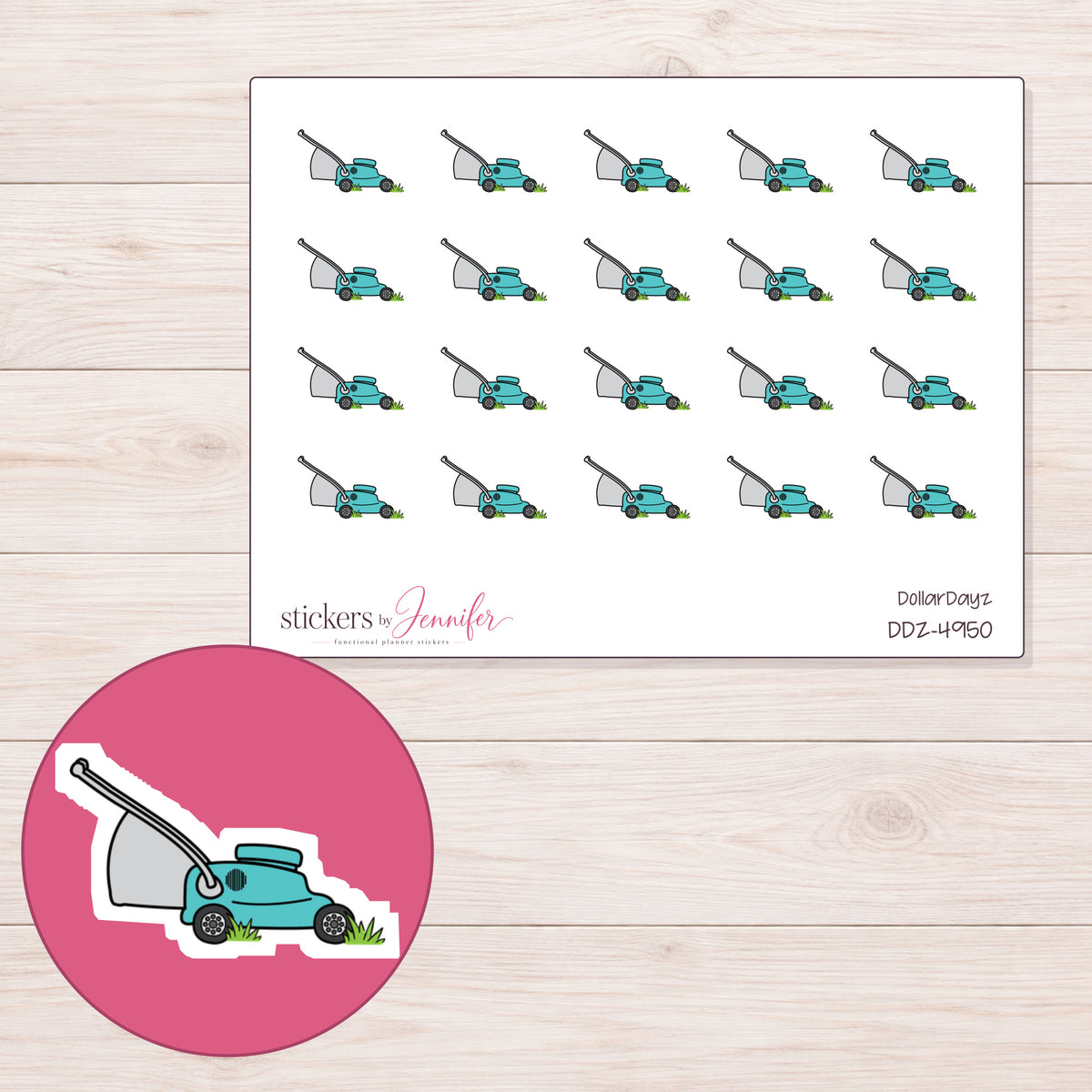Teal Lawn Mower Planner Stickers | DDZ-4950 — 4 × 3 inch sheet and enlarged sticker detail