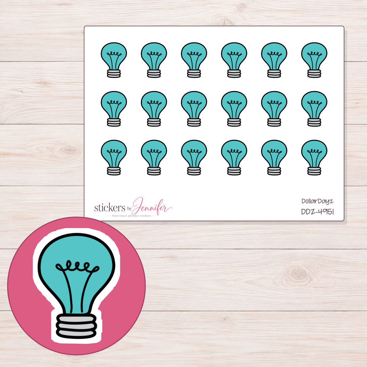 Teal Light Bulb Planner Stickers | DDZ-4951 — 4 × 3 inch sheet and enlarged sticker detail