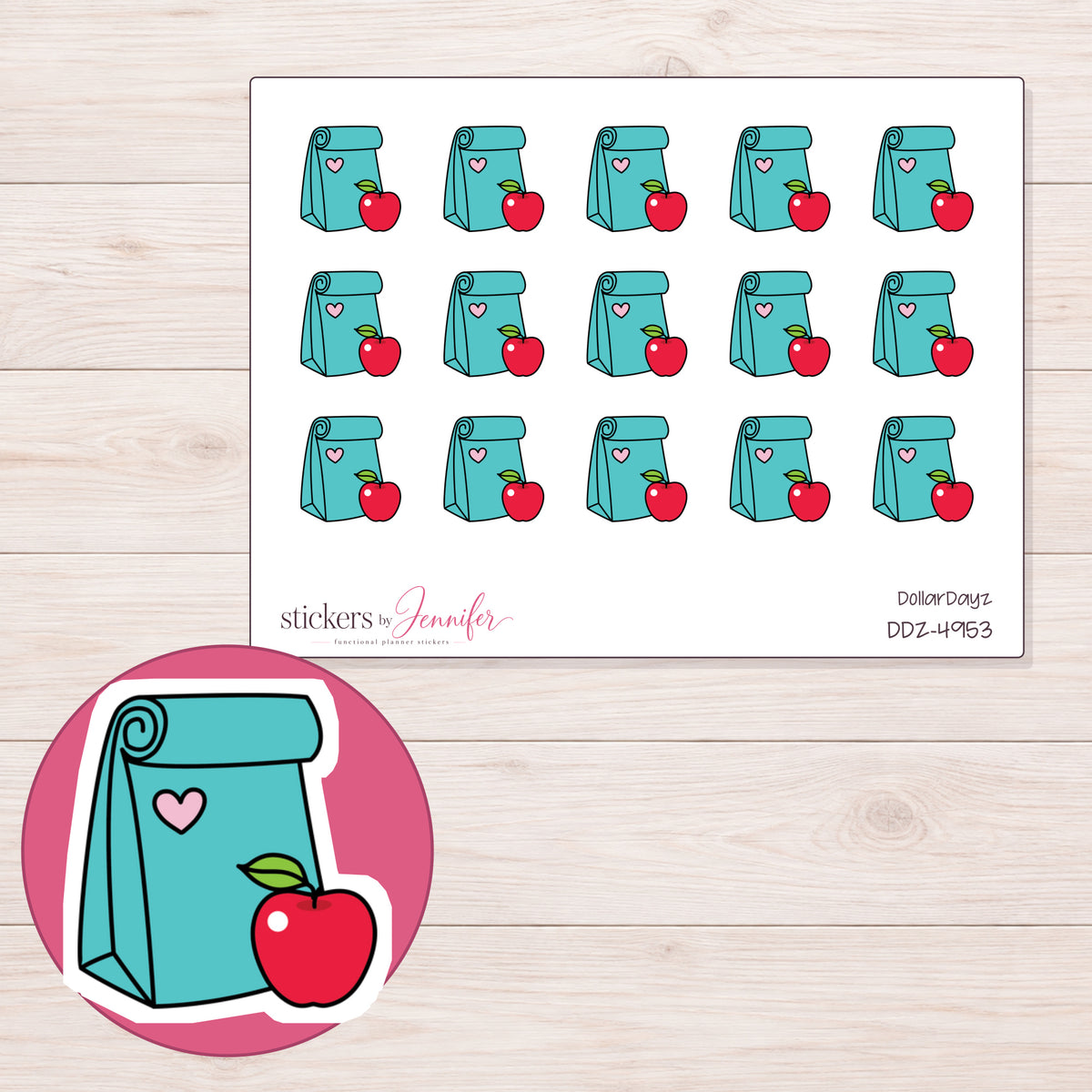 Teal Lunch Bag and Apple Planner Stickers | DDZ-4953 — 4 × 3 inch sheet and enlarged sticker detail