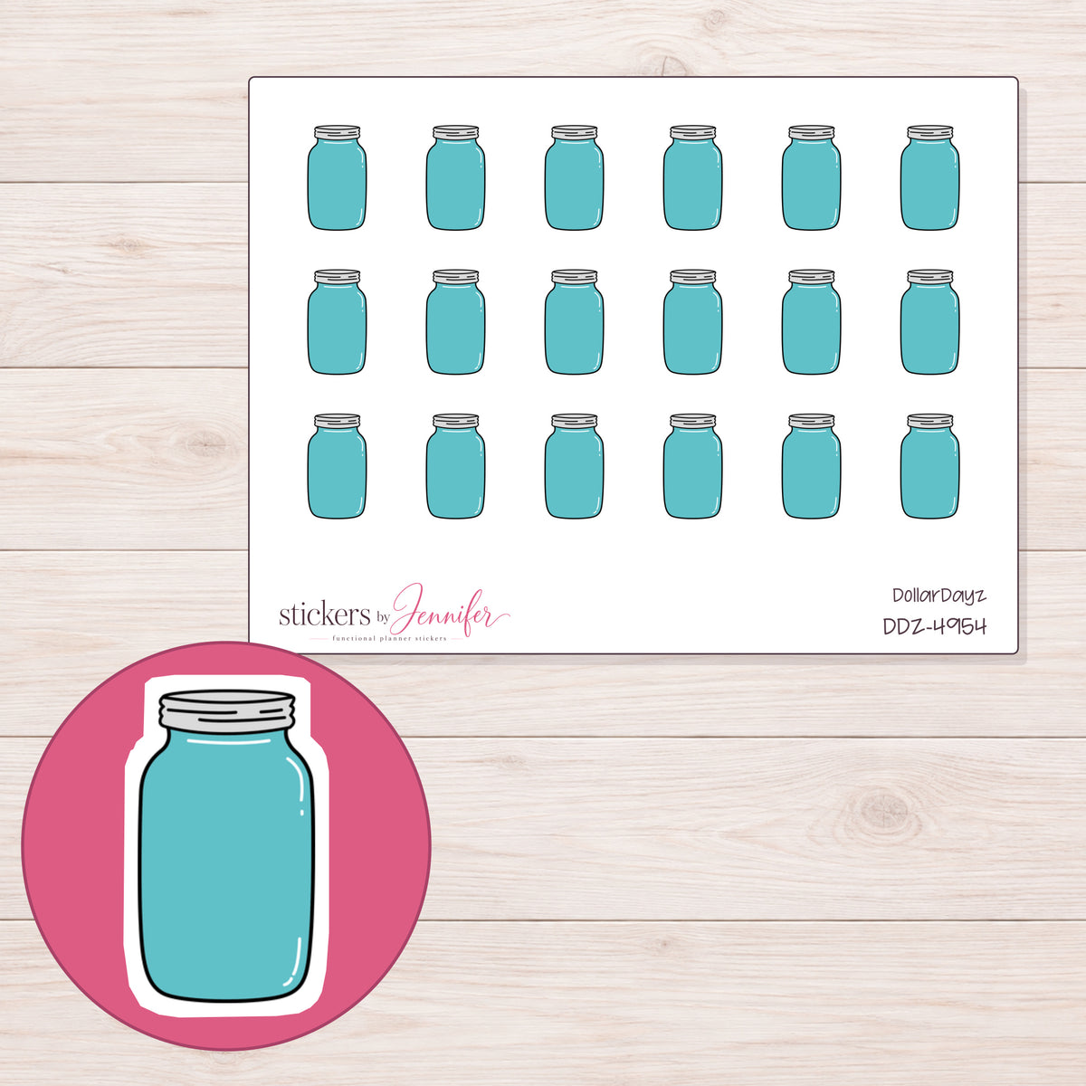 Teal Mason Jar Planner Stickers | DDZ-4954 — 4 × 3 inch sheet and enlarged sticker detail